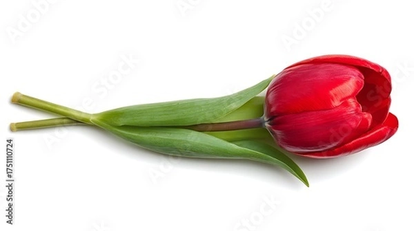 Obraz A single red tulip lying horizontally with green leaves on a white surface