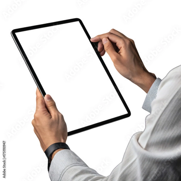 Fototapeta Hand Holding Tablet with Blank White Screen – Digital Device Mockup for Website, App, or Product Design Showcase