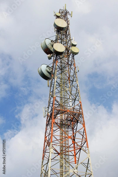 Obraz communication and telecommunication pole in nature on blue sky at asia