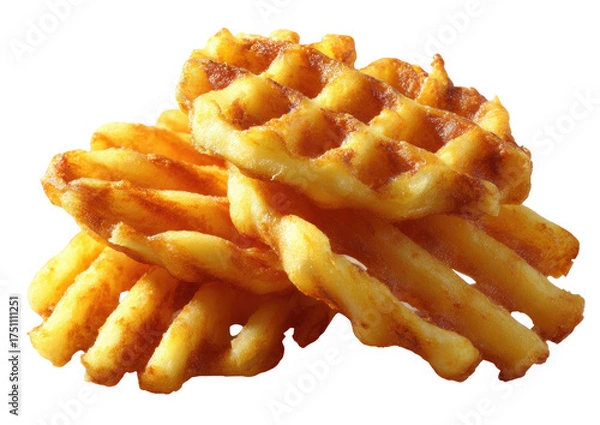 Obraz Close-up stack of golden-brown, crispy, grid-patterned, fried potato slices, isolated on transparent background