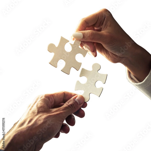 Fototapeta Two Hands Connecting Puzzle Pieces – Concept of Teamwork, Collaboration, and Partnership