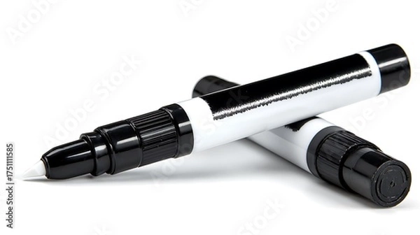 Obraz Close up shot of two black and white paint markers on a white background