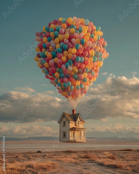 Fototapeta Surreal and Whimsical Scene of a Quaint Wooden House Floating Away with a Giant Cluster of Colorful Balloons