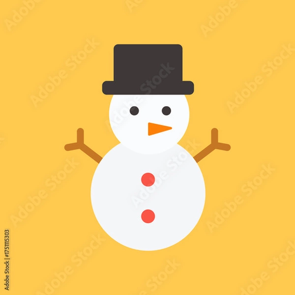 Fototapeta Flat vector of a snowman with hat and carrot nose. Perfect for winter holiday visuals, Christmas greeting cards, and seasonal family illustrations.