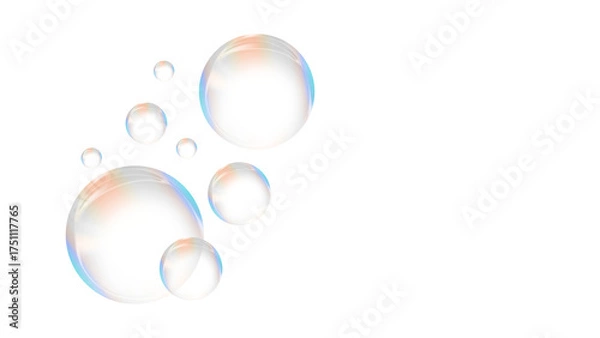 Fototapeta Cluster of Realistic Soap Bubbles with Rainbow Iridescent Reflections Isolated on a Transparent Background