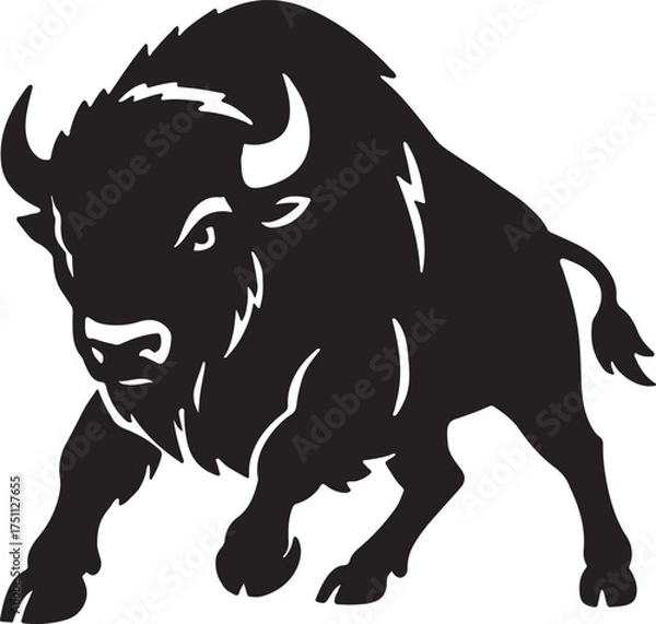 Fototapeta Black silhouette of a charging bison isolated on white background