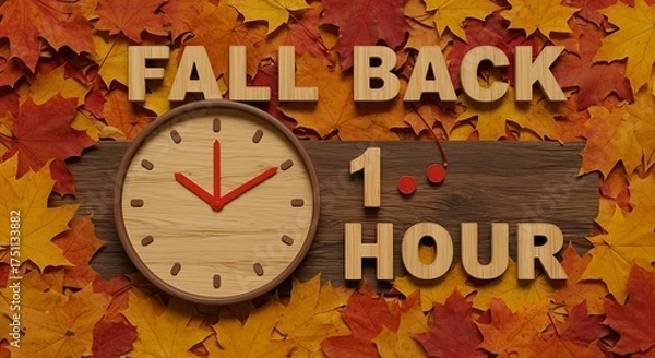 Fototapeta Fall back one hour text with wooden clock on autumn leaves background, daylight saving time end