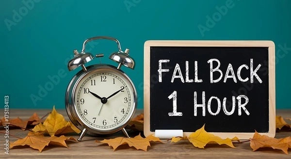 Fototapeta Alarm clock and chalkboard sign reminding to fall back one hour for daylight saving time with autumn leaves