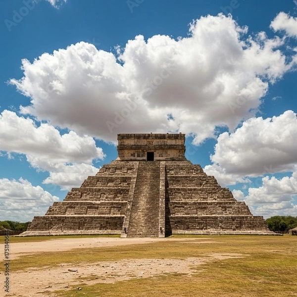 Fototapeta Ancient stone pyramid stands majestically under a vast, cloudless sky, showcasing the enduring legacy of an enigmatic civilization ,arid ,archaeological site ,ancient history