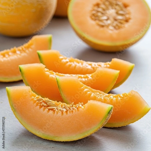 Fototapeta Bright orange cantaloupe slices showcase a nutritious source of vitamin C, promoting wellness and a healthy lifestyle choice ,orange ,healthy lifestyle ,vegan