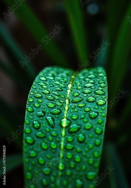 Fototapeta Close-up of a vibrant green leaf heavily covered in sparkling, crystal-clear raindrops, reflecting the soft light of a fresh morning shower ,nature ,macro ,surface