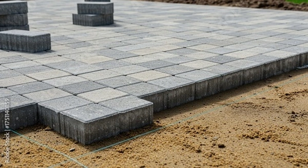 Obraz Close-up of interlocking paver stones being meticulously placed on a leveled sand base, indicating ongoing patio construction ,building ,outdoor ,construction