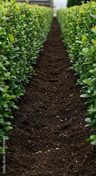 Obraz Close-up of fertile, dark brown garden soil, ideal for nurturing healthy hedges and lush plant growth in an organized landscape ,hedge ,healthy ,green
