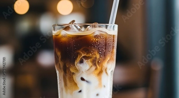 Fototapeta Refreshing Iced Coffee with Cream Swirls in a Glass, A Close-Up of Cold Brew Coffee with Milk and Ice Cubes on a Restaurant Table