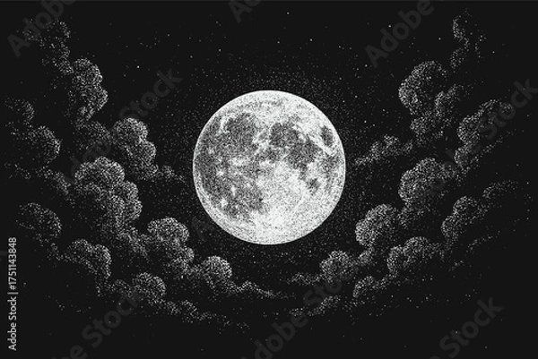 Obraz Dotwork vector illustration of the full moon surrounded by clouds, detailed stippling style