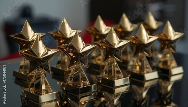 Fototapeta Golden Star Ensemble on Reflective Surface. A Study in Symmetry and Sheen.