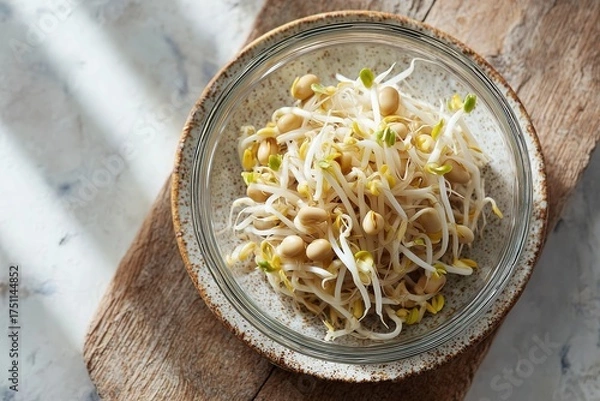 Fototapeta Fresh soybean sprouts in glass bowl on marble counter with bright natural lighting