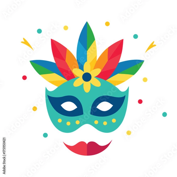 Fototapeta Colorful Brazilian Carnival Masks with Feathers and Confetti on White Background