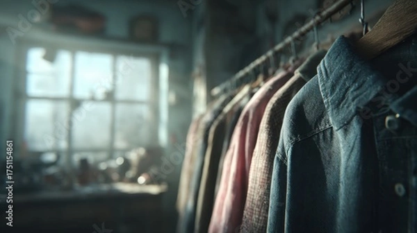 Obraz Row of Clothes Hanging on a Rack Inside a Rustic Room with Window Light
