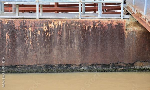 Fototapeta Rust of metals on pier. Corrosion of metal. Rust and corrosion in the weld. Corrosive Rust on old iron, grunge rust texture.