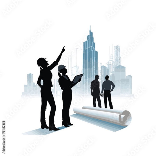 Fototapeta Architects and engineers in silhouette reviewing blueprints with city skyline background Keywords: architecture, blueprint, city, skyline, construction, planning, design, building, real estate