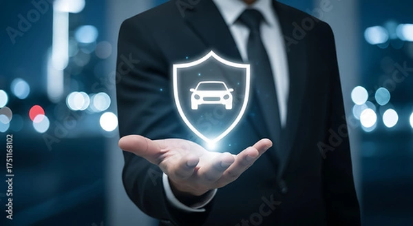 Fototapeta Automobile insurance and safety concept showing a man holding a car icon within a glowing shield