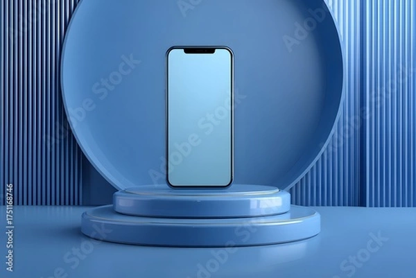 Fototapeta Modern smartphone displayed on a tiered platform with a textured blue background and vertical lines