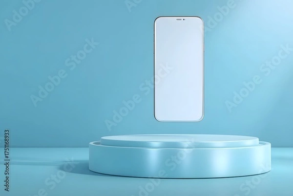 Fototapeta Sleek modern smartphone levitating above a minimalist illuminated podium against a soft blue gradient background