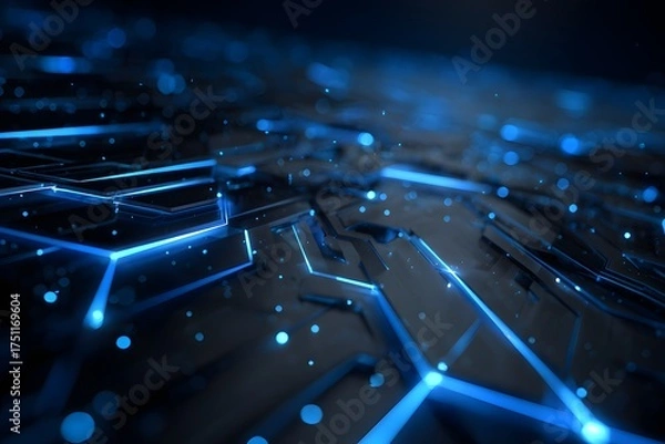 Fototapeta Abstract futuristic network connections with glowing blue lights and geometric patterns