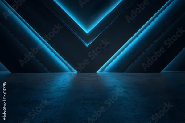 Fototapeta Futuristic abstract geometric design with glowing neon blue light streaks on dark textured surface