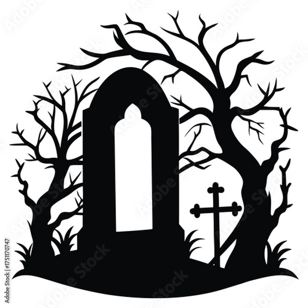 Fototapeta Spooky Gravestone Silhouette with Twisted Trees and Crooked Crosses on White Background