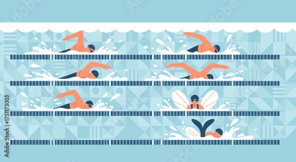 Obraz Stylized illustration of blue mountains with snow-capped peaks reflected in water, set against a light background.