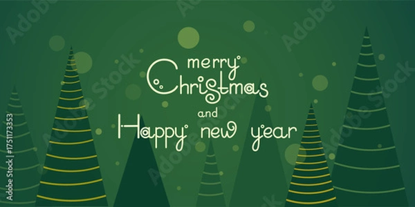 Obraz Festive Congratulatory background for Christmas sale. Wide banner with lettering Merry Christmas Happy New Year, abstract Christmas trees, Design for discount store banner, social media, Greeting Card