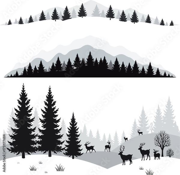 Obraz Pine Forest with Deer Silhouettes and Mountains