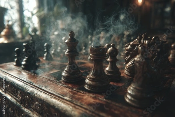 Obraz Vintage Chessboard With Dark Wood Pieces And Smoke Rising Amidst Soft Interior Lighting