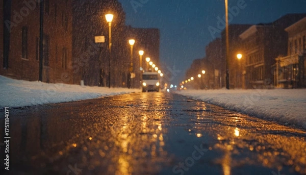 Fototapeta Cinematic evening twilight scene featuring city with falling snow for winter themed photography or seasonal marketing campaigns with dramatic lighting and atmospheric composition