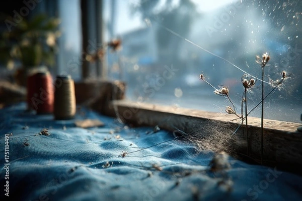 Obraz Morning Sunlight Illuminates Cobwebs on Dried Plants Near Spools of Thread on a Dusty Table
