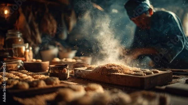 Obraz Person preparing grains in rustic kitchen with airborne particles in warm light