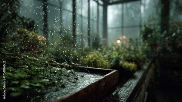 Obraz Raindrops Falling Into A Greenhouse Filled With Lush Green Plants And Moss