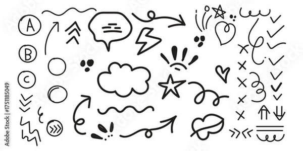Obraz  Line cute element set. Hand-drawn sketch doodle style arrow, cloud, star with marker stroke pencil highlight. Doodle sketch heart, star, cloud cartoon sticker shapes