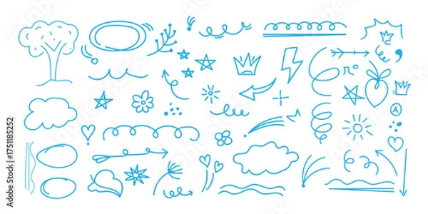 Obraz  Line cute element set. Hand-drawn sketch doodle style arrow, cloud, star with marker stroke pencil highlight. Doodle sketch heart, star, cloud cartoon sticker shapes