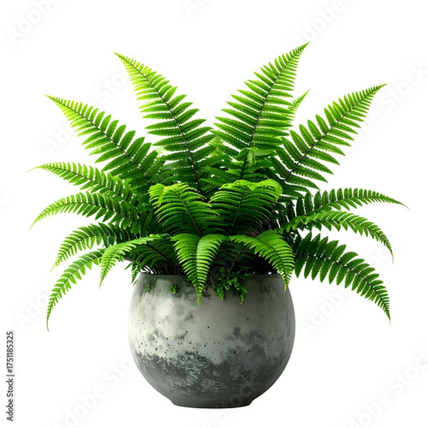 Obraz Lush green fern plant thrives in a round, textured concrete pot against a black backdrop