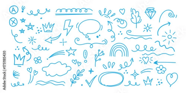 Obraz  Line cute element set. Hand-drawn sketch doodle style arrow, cloud, star with marker stroke pencil highlight. Doodle sketch heart, star, cloud cartoon sticker shapes