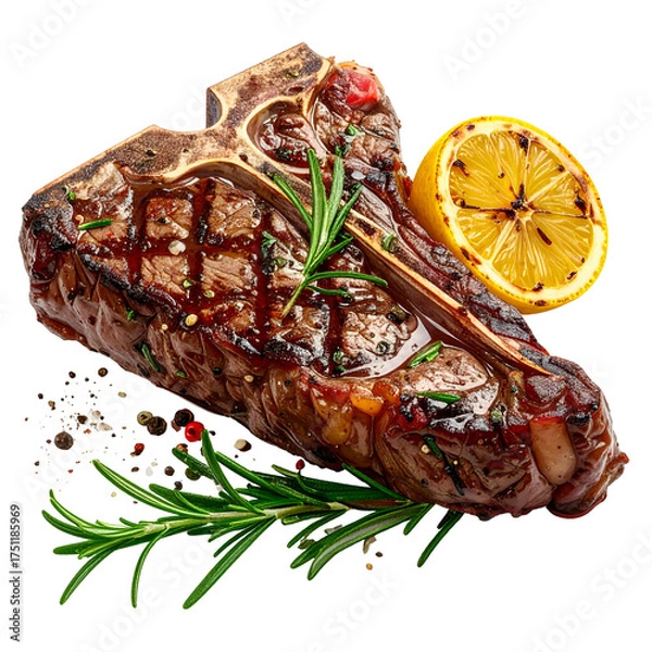 Obraz A grilled T-bone steak with rosemary, grilled lemon, and peppercorns against black
