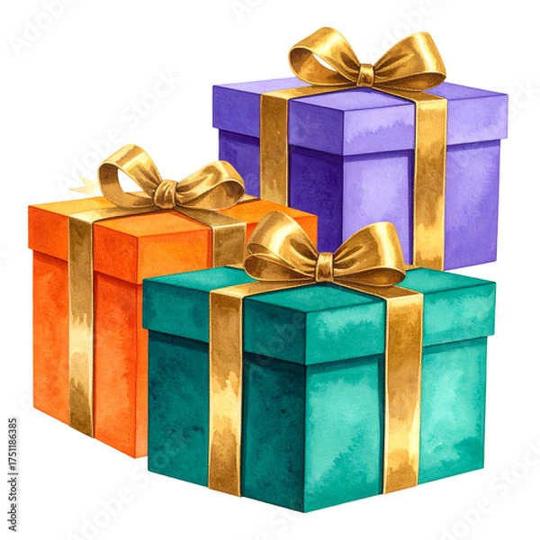 Obraz Watercolor illustration of three wrapped gift boxes, stacked with golden ribbons and bows