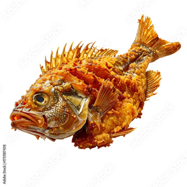 Obraz Crispy fried whole fish with golden, textured exterior on a transparent background