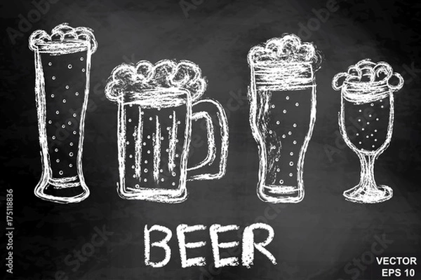 Obraz Mugs of beer on a chalkboard. Drawing. Hatch. Dark. For your design.