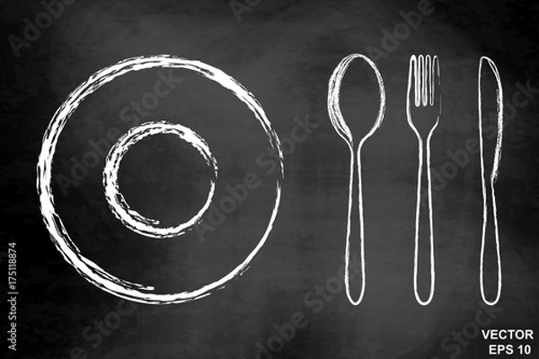 Obraz Cutlery, spoon, fork, knife on the chalkboard. Drawing. Hatch. Dark. For your design.