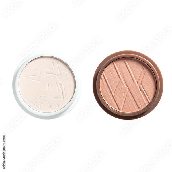 Obraz Two circular cosmetic compacts, one white with pale powder, the other brown with peach blush