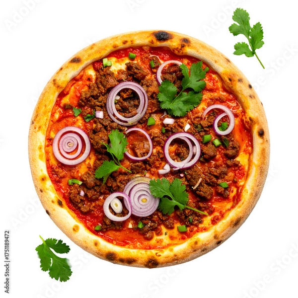 Obraz Overhead shot of a freshly baked pizza with toppings, isolated against a black background